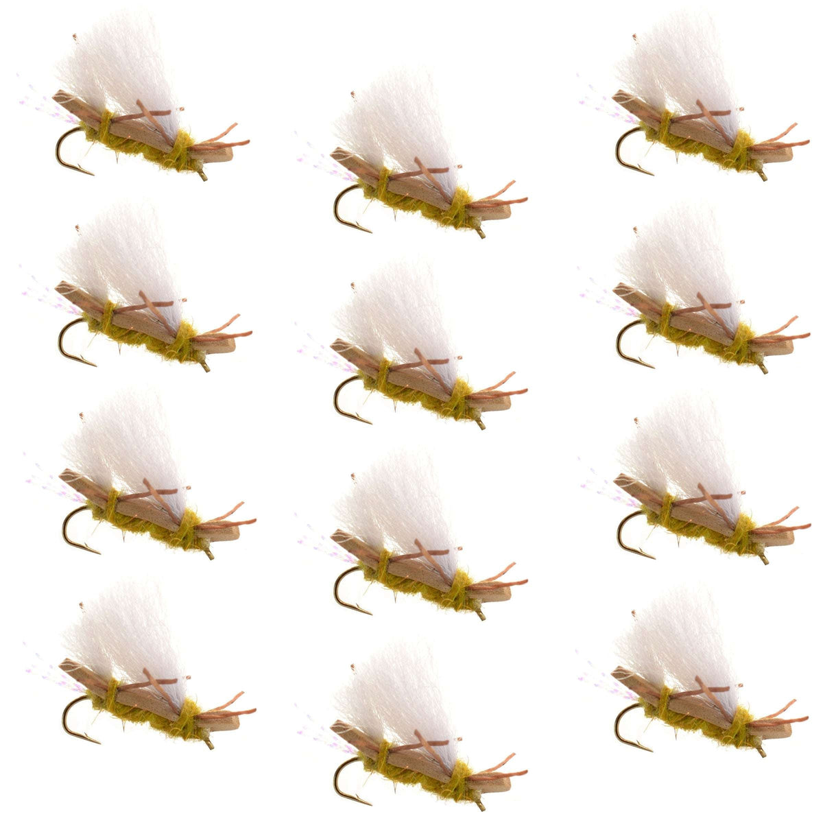 Set of 12 Chubby Chernobyl Ant Golden Foam Trout Dry Flies with hooks, size 10, designed for fly fishing.