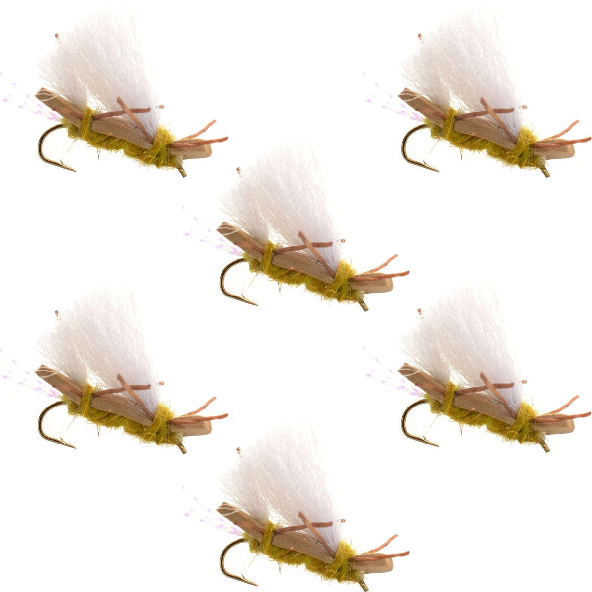 Set of six Chubby Chernobyl Ant Golden Foam Dry Flies for trout fishing, size 10 hooks, designed by The Fly Fishing Place.