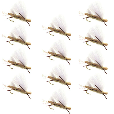Set of 12 Chubby Chernobyl Ant tan foam dry flies for trout fishing, size 10, designed for effective fly fishing.