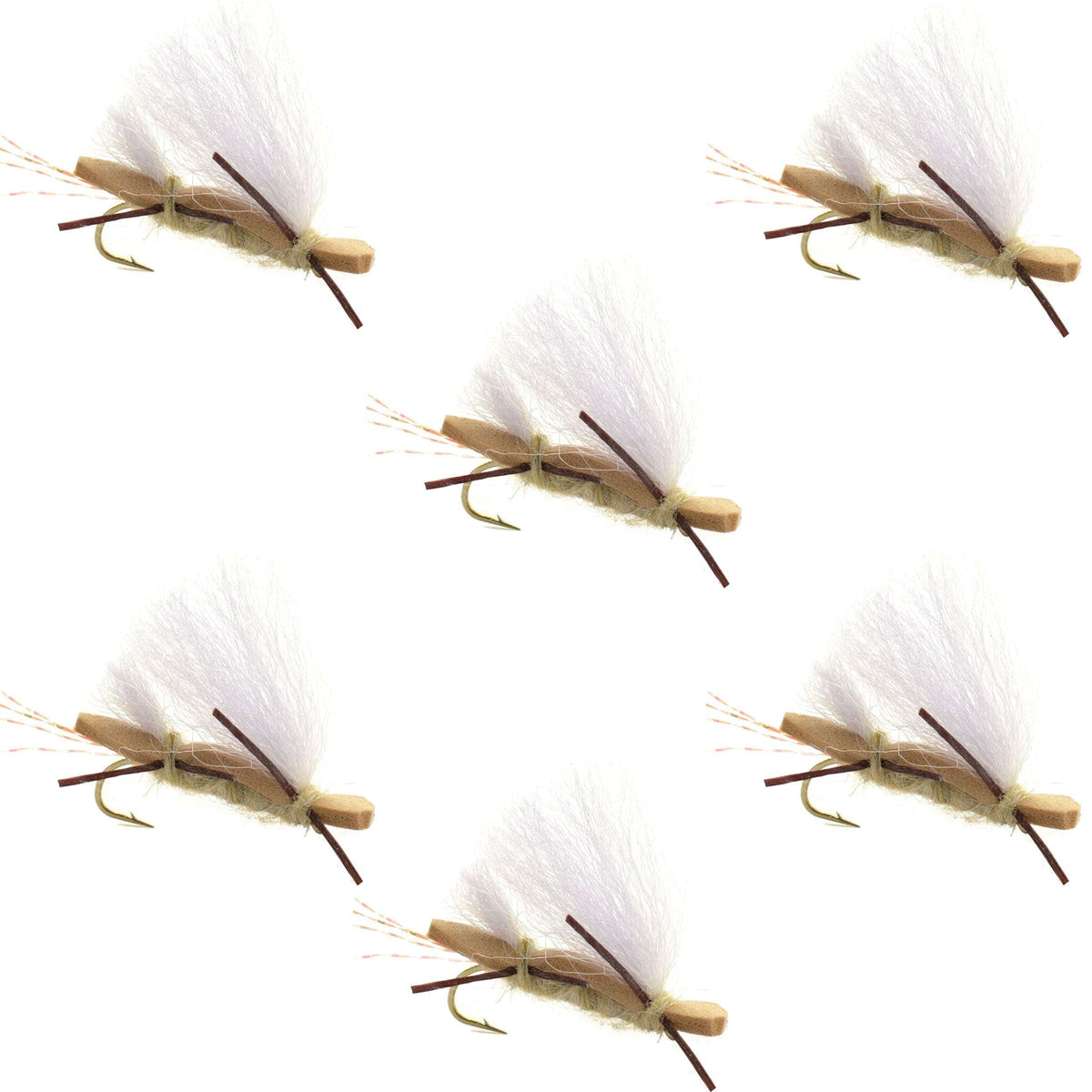 Set of six Chubby Chernobyl Tan Foam Body Grasshopper Dry Flies for trout fishing, size 10 hooks, by The Fly Fishing Place.
