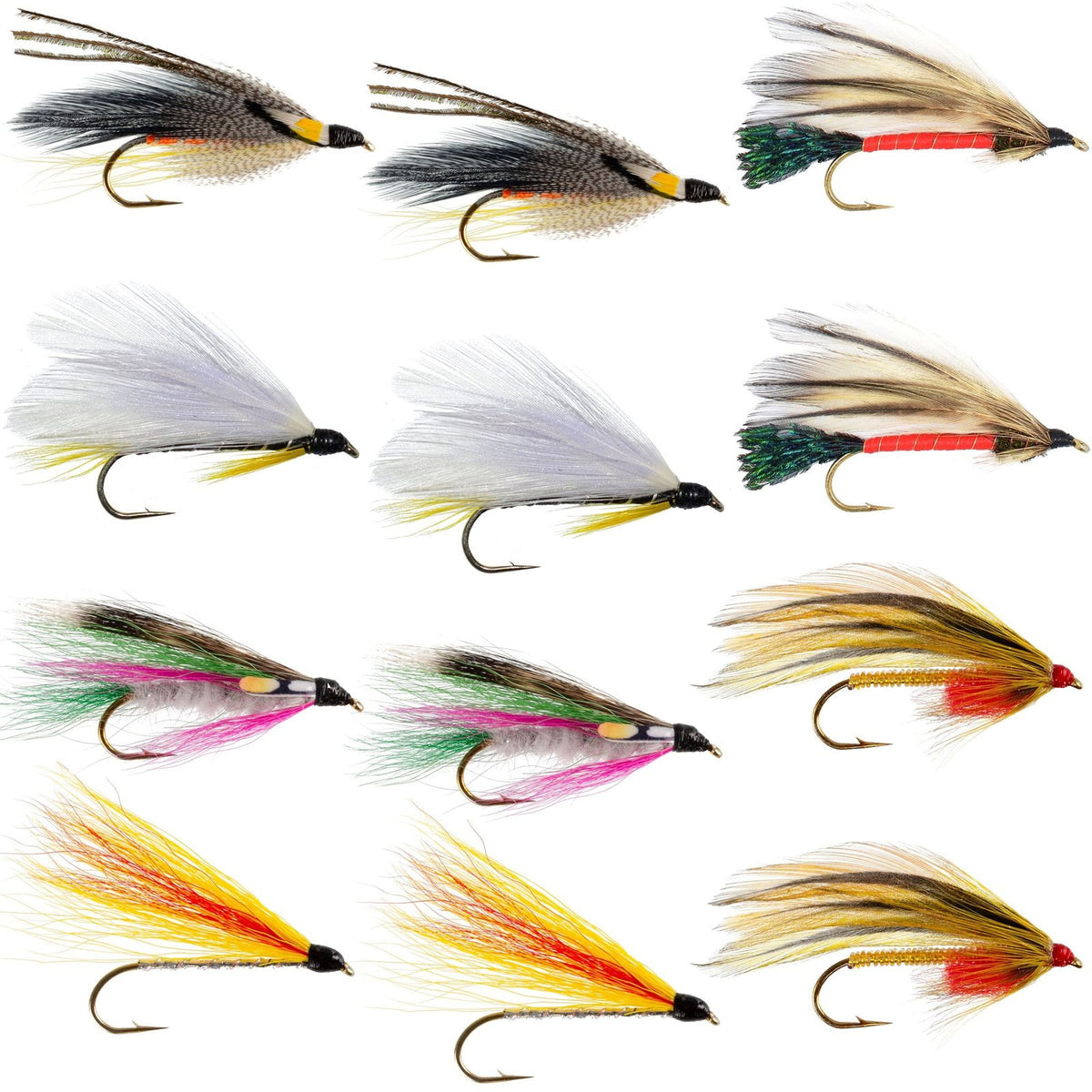Set of 12 classic trout wet streamer flies from The Fly Fishing Place, size 4, used for fly fishing in freshwater.