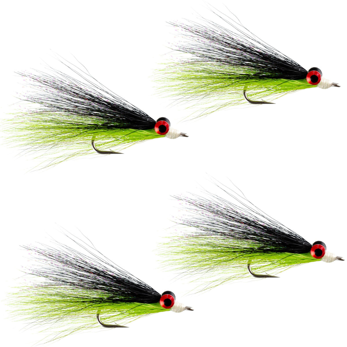 Set of four Clousers Deep Minnow saltwater streamers in black and chartreuse, size 1/0, used for fly fishing.