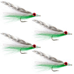 Set of four Clousers Deep Minnow saltwater streamers in green and white, size 1/0, designed for fly fishing.
