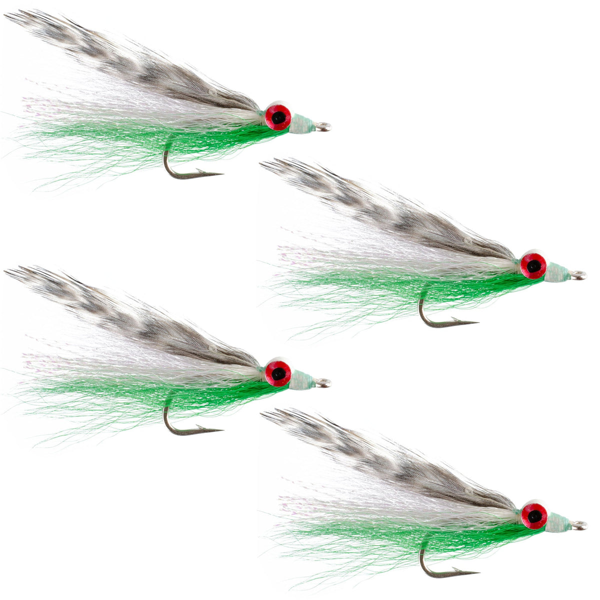 Set of four Clousers Deep Minnow saltwater streamers in green and white, size 1/0, designed for fly fishing.