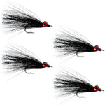 Set of four Clousers Deep Minnow Black saltwater streamer flies for bass, size 1/0, designed for saltwater fishing.