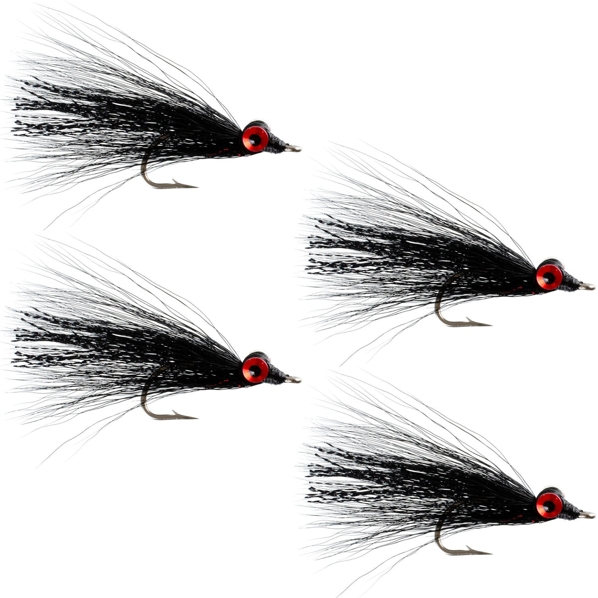 Set of four Clousers Deep Minnow Black saltwater streamer flies for bass, size 1/0, designed for saltwater fishing.