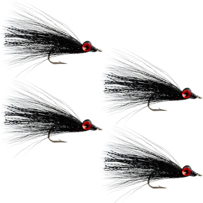 Set of four Clousers Deep Minnow Black saltwater streamer flies for bass, size 1/0, designed for saltwater fishing.
