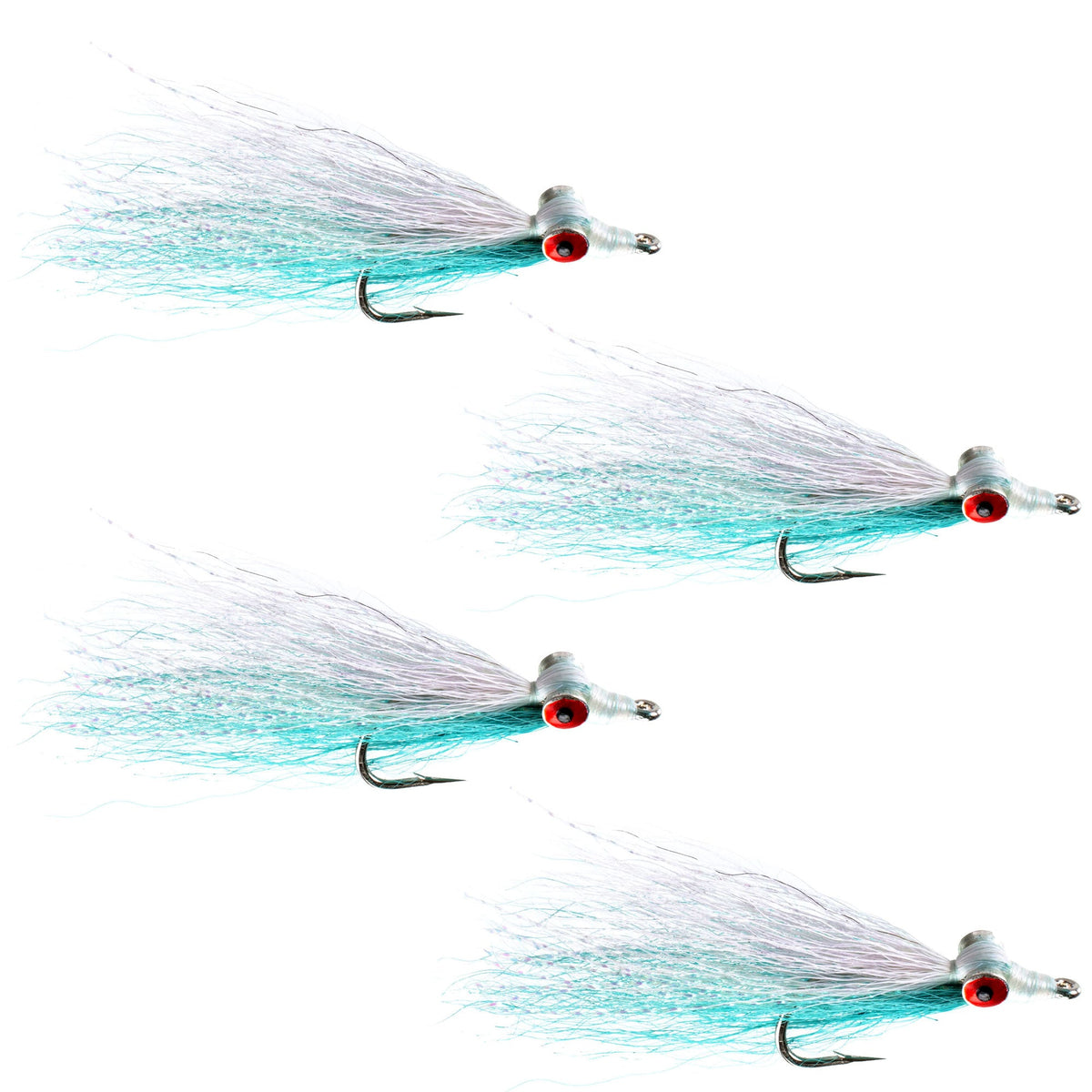 Set of four Clousers Deep Minnow saltwater streamer flies in blue and white, size 1/0, designed for saltwater fishing.
