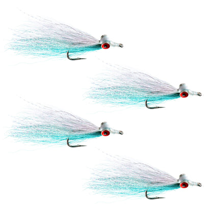 Set of four Clousers Deep Minnow saltwater streamer flies in blue and white, size 1/0, designed for saltwater fishing.