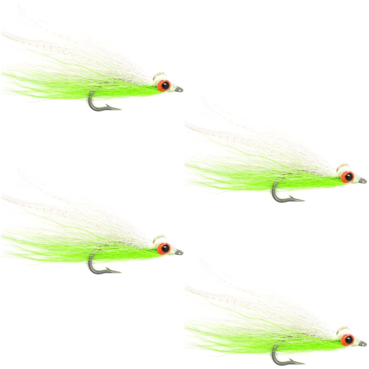 Set of four Clousers Deep Minnow saltwater streamer flies in chartreuse and white, 1/0 size for saltwater fishing.