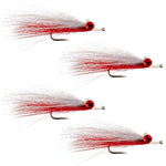 Set of four Clousers Deep Minnow Red and White saltwater streamer flies in size 1/0, designed for saltwater fishing.