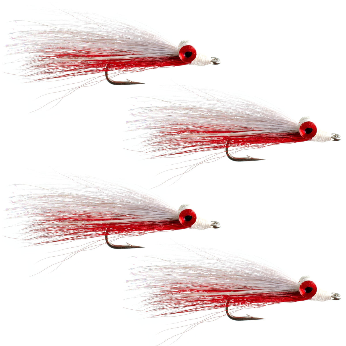Set of four Clousers Deep Minnow Red and White saltwater streamer flies in size 1/0, designed for saltwater fishing.