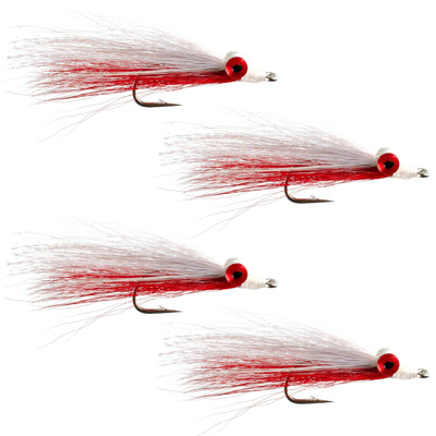 Set of four Clousers Deep Minnow Red and White saltwater streamer flies in size 1/0, designed for saltwater fishing.