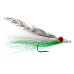 Saltwater Clousers Deep Minnow streamer fly in green and white with grizzly hackle, size 1/0, designed for fly fishing.
