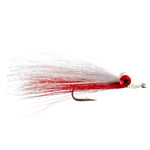 Red and white Clousers Deep Minnow saltwater streamer fly in size 1/0, designed for fly fishing, with detailed feather and thread work.