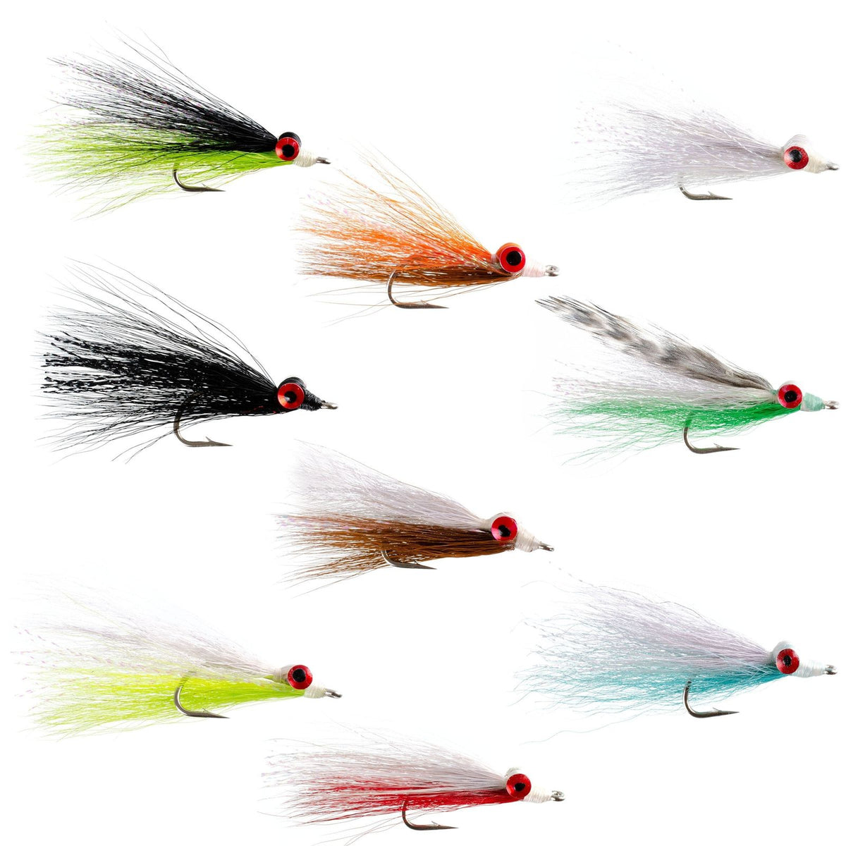 Set of 9 Clouser Minnow freshwater streamer flies in size 4, designed for fly fishing, by The Fly Fishing Place.