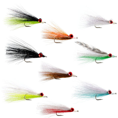 Set of 9 Clouser Minnow freshwater streamer flies in size 4, designed for fly fishing, by The Fly Fishing Place.