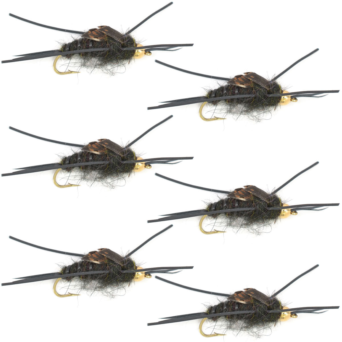 Set of six Kaufmann's Black Stonefly wet flies with rubber legs, hook size 8, designed for trout fishing.