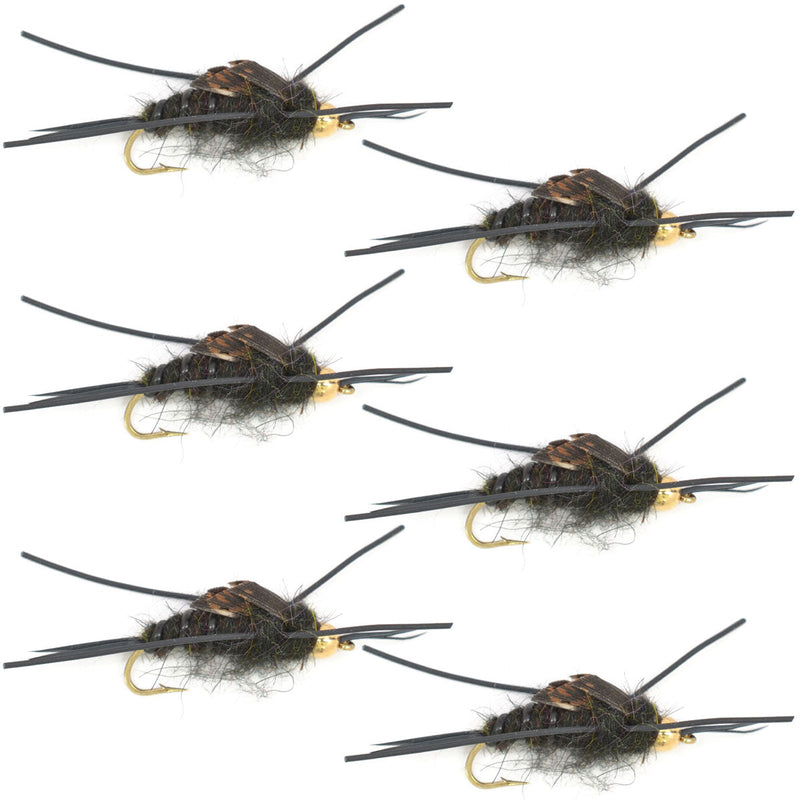 Six Kaufmann's Black Stonefly wet flies with rubber legs on hooks size 12, designed for trout fishing, by The Fly Fishing Place.