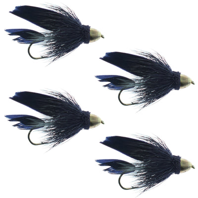 Set of four Cone Head Black Muddler Minnow streamer flies for trout fishing, size 6, by The Fly Fishing Place.