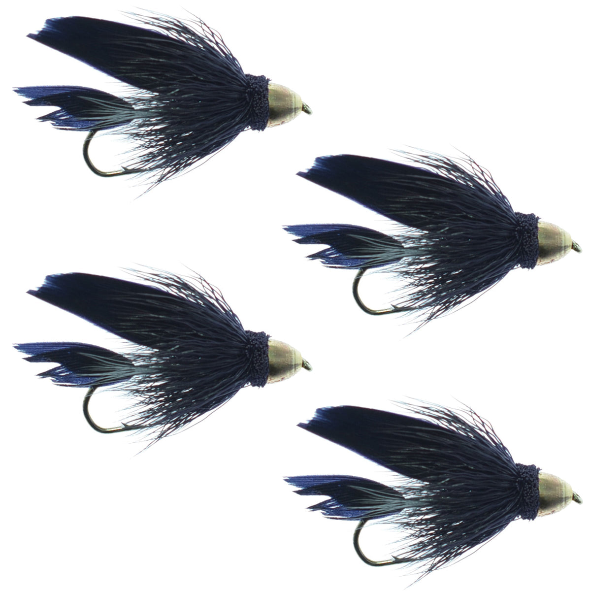 Set of four Cone Head Black Muddler Minnow trout wet flies for fly fishing, size 10, by The Fly Fishing Place.