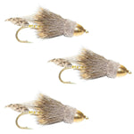 Three Cone Head Muddler Minnow trout and bass streamer flies, size 6, with prominent cone heads and detailed feather bodies.