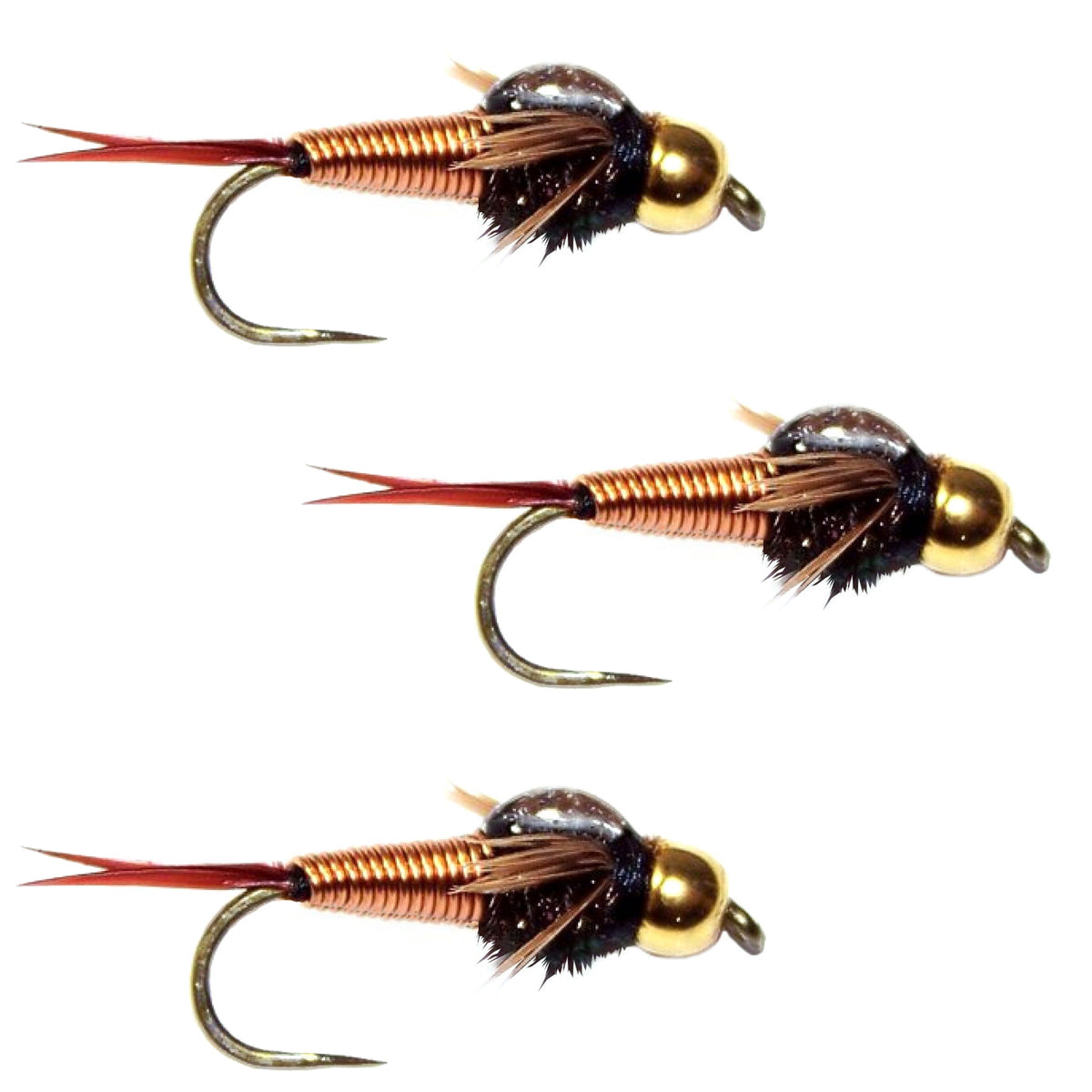 Three Copper John bead head nymph flies for trout fishing, size 14, barbless, featuring copper and bead head details.