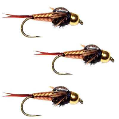 Three Copper John bead head nymph flies for trout fishing, size 14, barbless, featuring copper and bead head details.