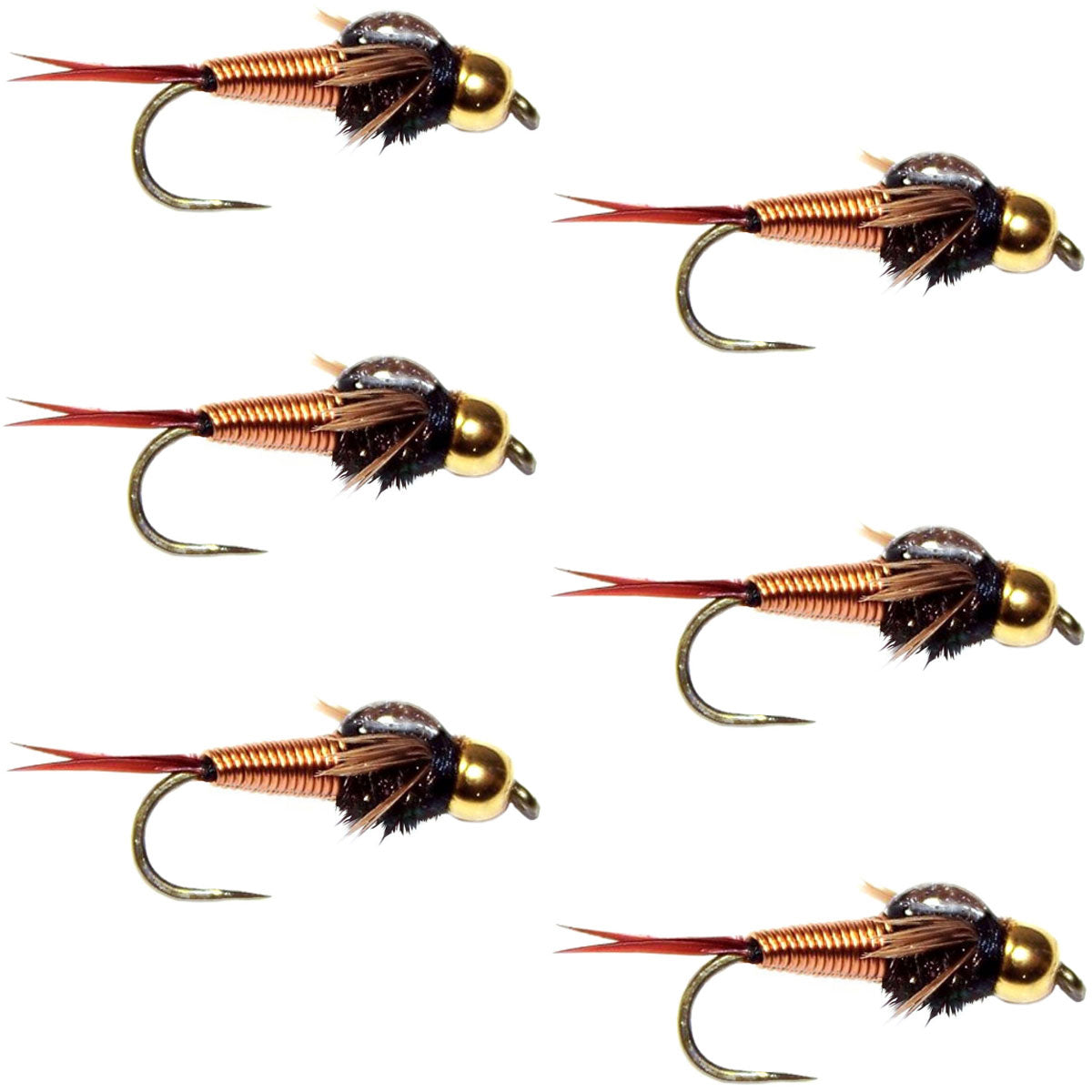 Set of six barbless bead head Copper John nymph trout wet flies, size 14, from The Fly Fishing Place, featuring copper and bead detail.