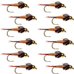 Set of 12 barbless Copper John nymph fly fishing flies in size 16, designed for trout fishing by The Fly Fishing Place.