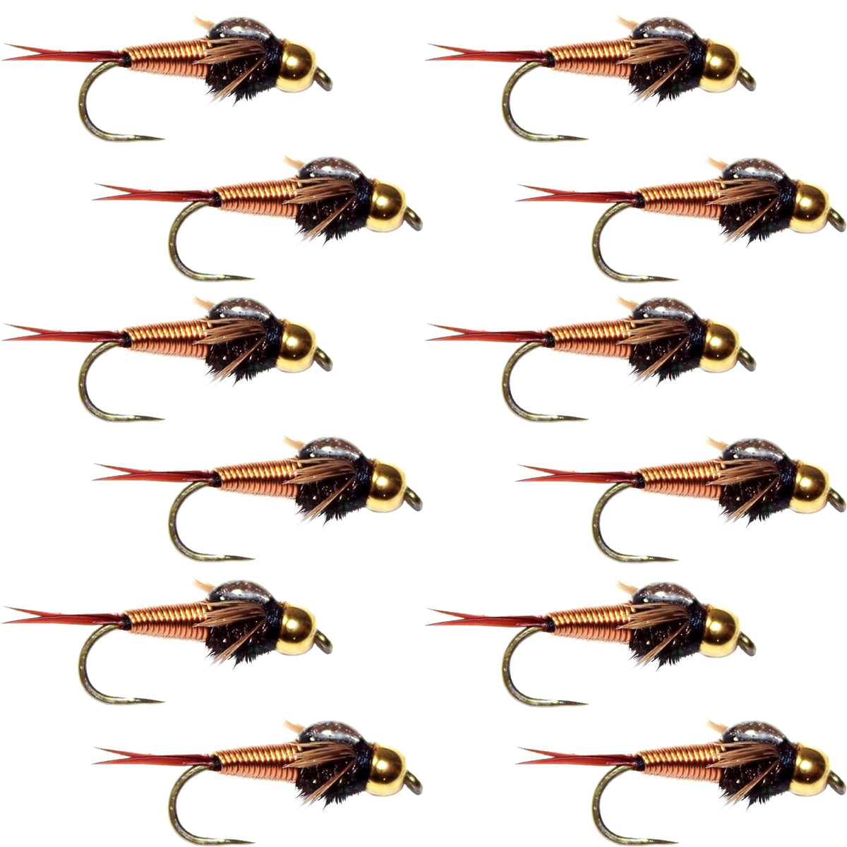 Set of 12 barbless Copper John nymph fly fishing flies in size 16, designed for trout fishing by The Fly Fishing Place.