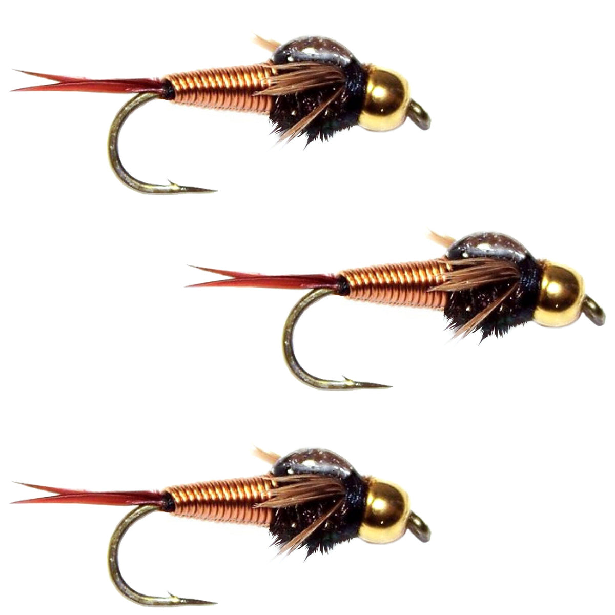 Set of three Copper John Nymph wet flies for trout fishing, size 12, by The Fly Fishing Place, featuring bead head hooks.