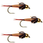 Three Copper John Nymph wet flies for trout fishing, hook size 18, with copper-colored bodies and realistic fly patterns.