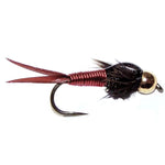 Three barbless Copper John red nymph trout wet fishing flies with hooks size 12, shown in a natural fishing setting.