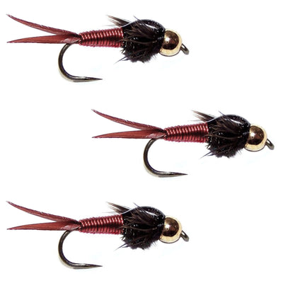 Set of three barbless red copper John nymph trout wet flies with bead heads, hook size 12 for fly fishing.
