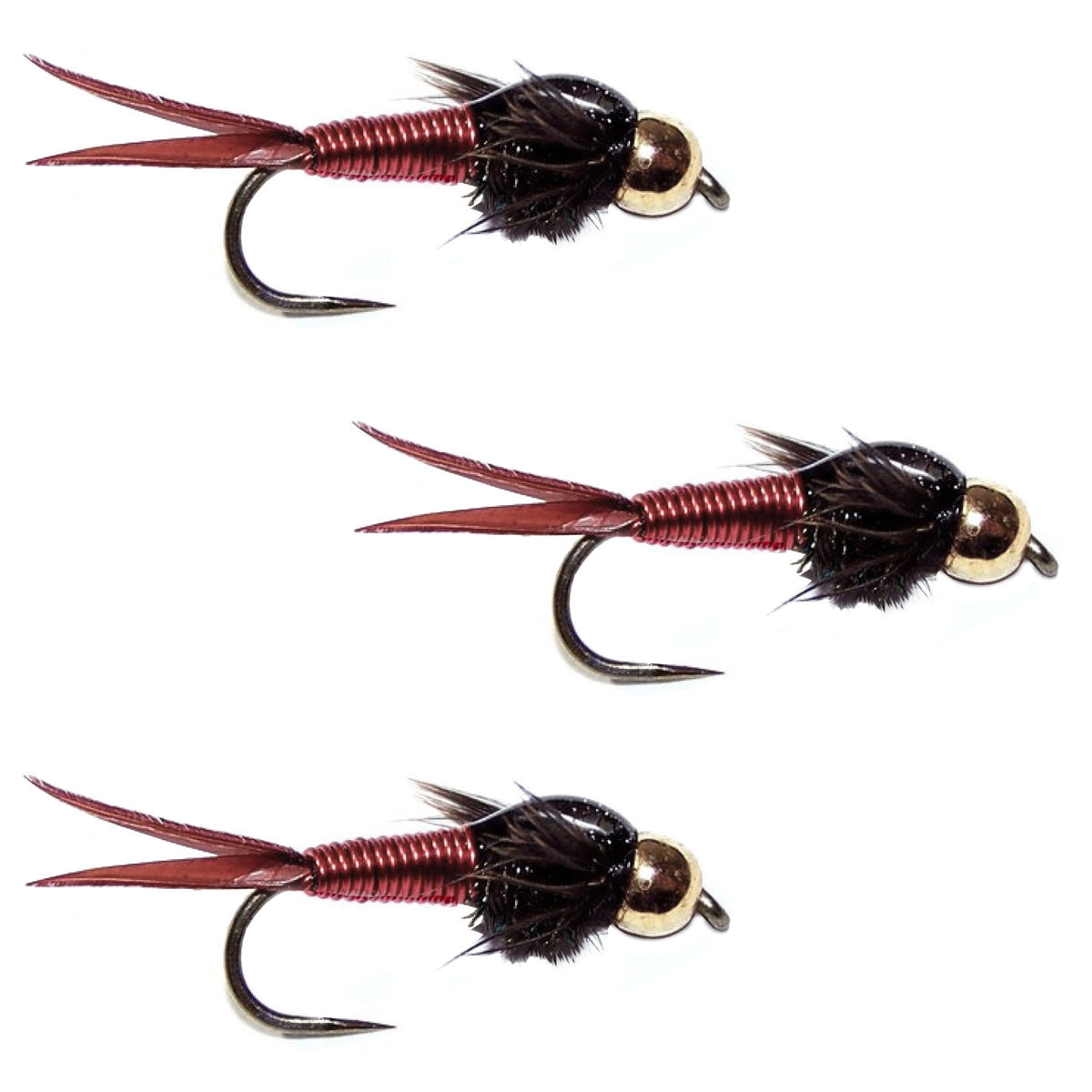 Set of three barbless red copper John nymph trout wet flies with bead heads, size 14, for fly fishing.