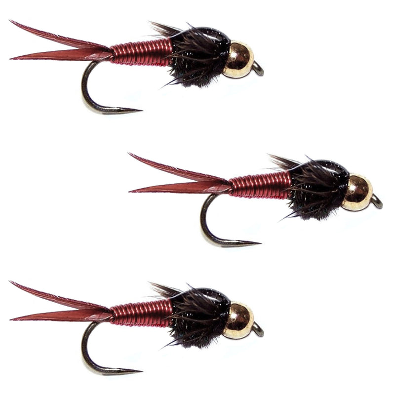 Set of three barbless red copper John nymph trout wet flies with bead heads, size 14, for fly fishing.