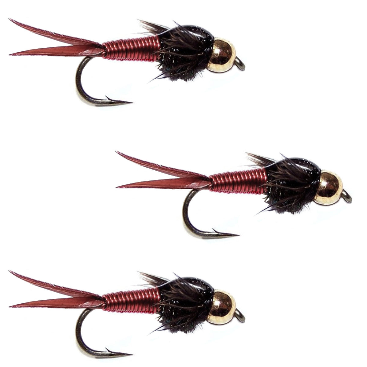 Three red copper John nymph trout wet flies for fly fishing, hook size 10, by The Fly Fishing Place.