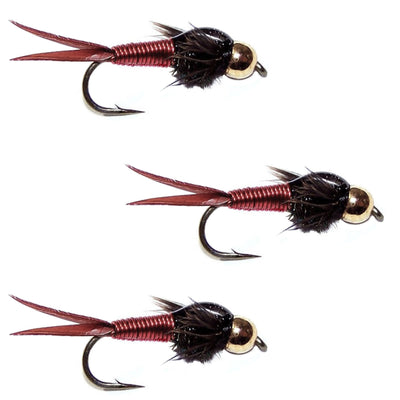 Three red copper John nymph trout wet flies for fly fishing, hook size 10, by The Fly Fishing Place.