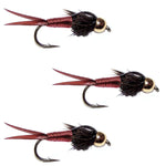 Set of three Copper John Red Nymph Wet Flies for trout fishing, hook size 14, featuring vibrant red copper coloration.