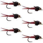 Set of six barbless red copper John nymph trout wet flies with bead heads, size 14, for fly fishing.