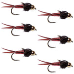 Set of six barbless red copper John nymph trout wet flies with bead head, size 16, designed for fly fishing.