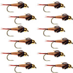 Set of 12 Copper John trout wet flies for fly fishing, size 12, with copper-colored nymphs and hooks, by The Fly Fishing Place.