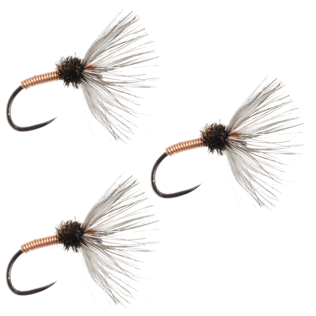 Set of three copper Sakasa Kebari Tenkara fishing flies in size 10, detailed with metallic copper bodies for freshwater fly fishing.
