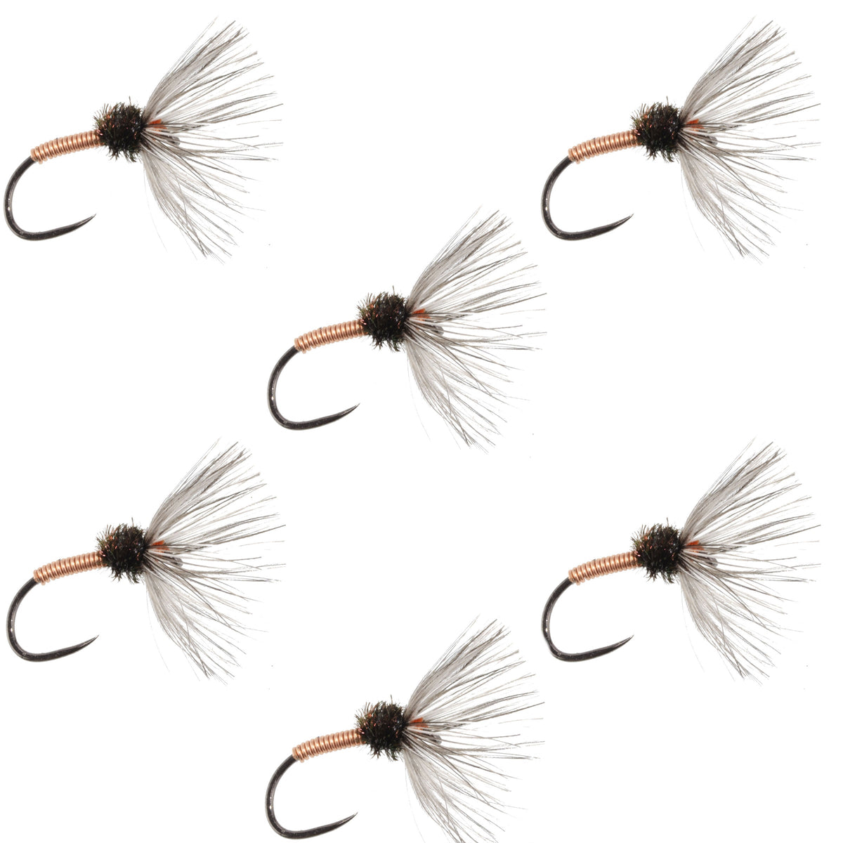 Set of six Copper Sakasa Kebari Tenkara flies, size 12, fishing nymphs with copper-colored bodies and detailed fly fishing design.