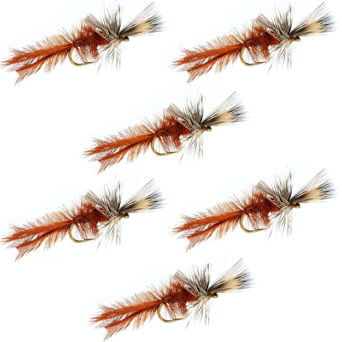 Six Callibaetis Cripple Mayfly dry flies for trout fishing, size 16, by The Fly Fishing Place, shown in a set of six.