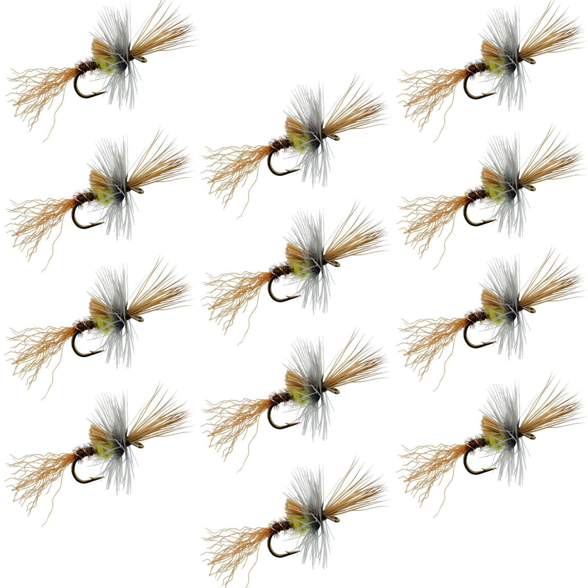 Set of 12 Pale Morning Dun PMD Cripple dry flies for trout fishing, size 18, by The Fly Fishing Place.