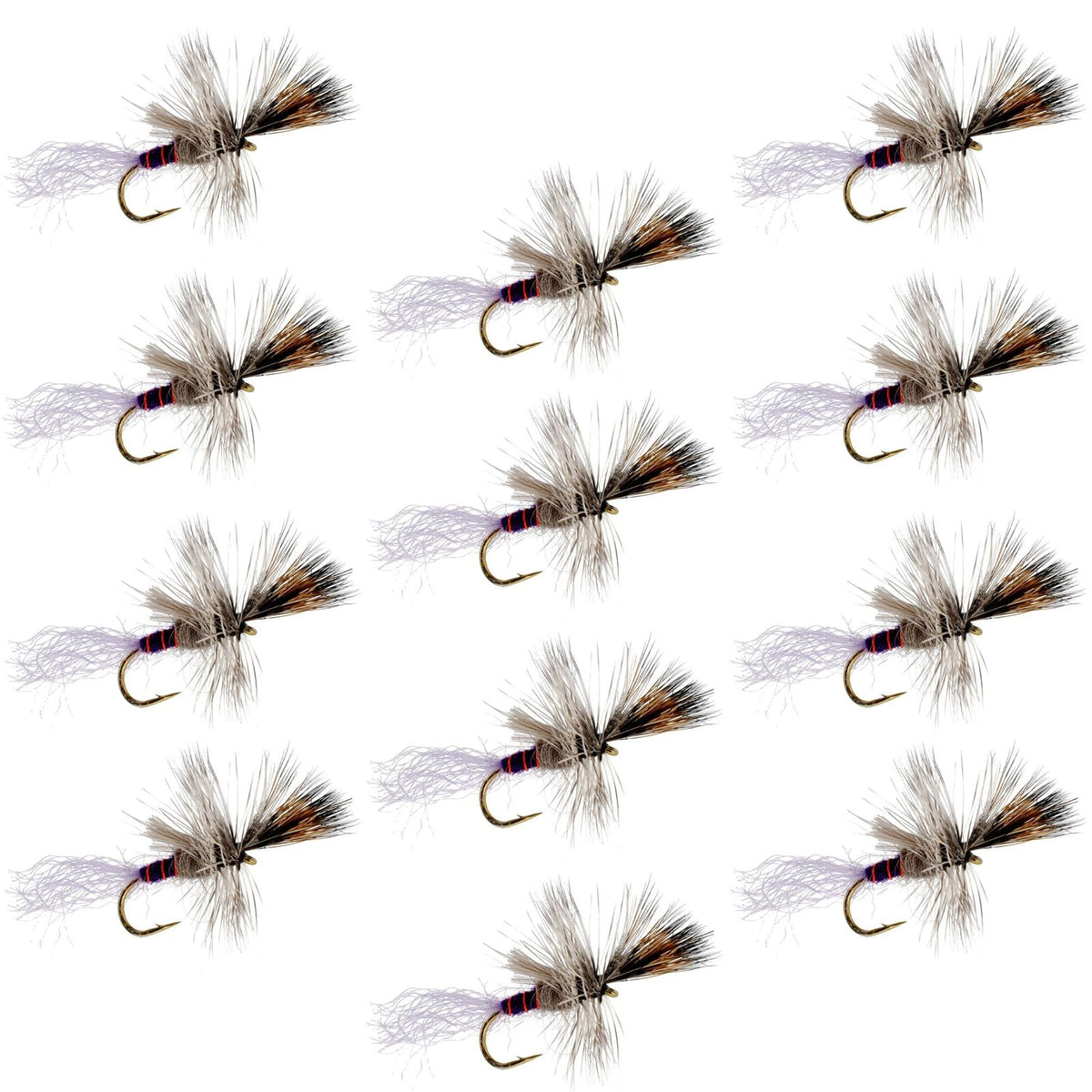 Set of 12 Purple Haze Cripple Mayfly dry flies for trout fishing, size 14, by The Fly Fishing Place.