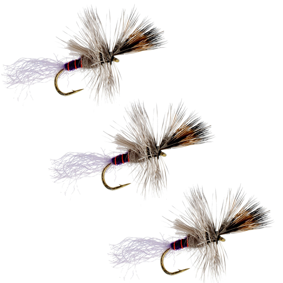 Set of three Purple Haze Cripple Mayfly hooks size 18 for trout dry fly fishing, featuring detailed purple and gray fly patterns.