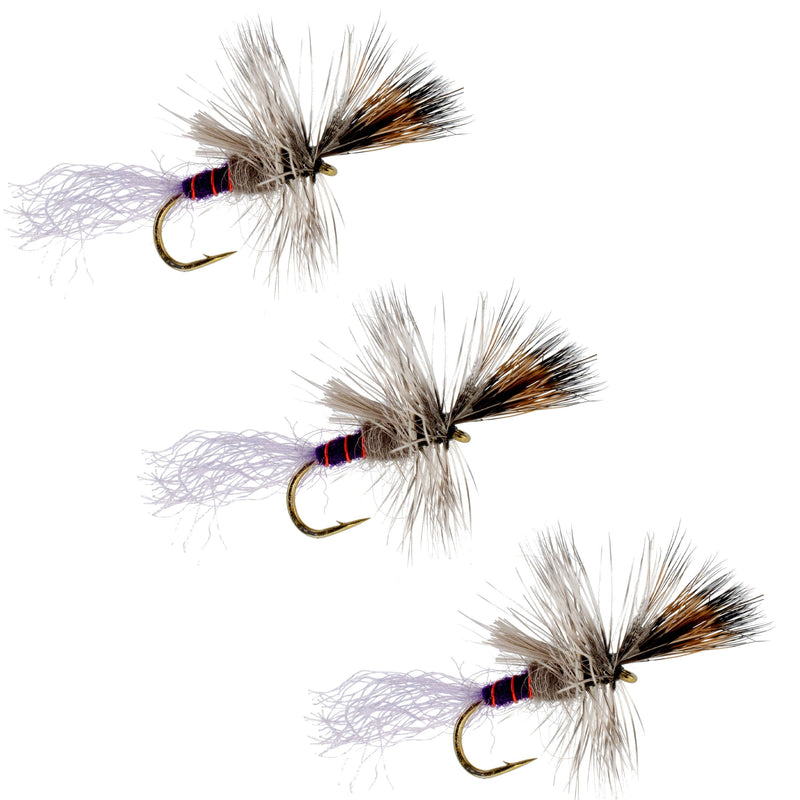 Set of three Purple Haze Cripple Mayfly hooks size 18 for trout dry fly fishing, featuring detailed purple and gray fly patterns.